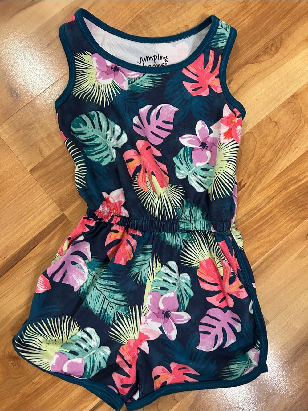 jumping beans navy romper with pink, green and coral tropical print 3T